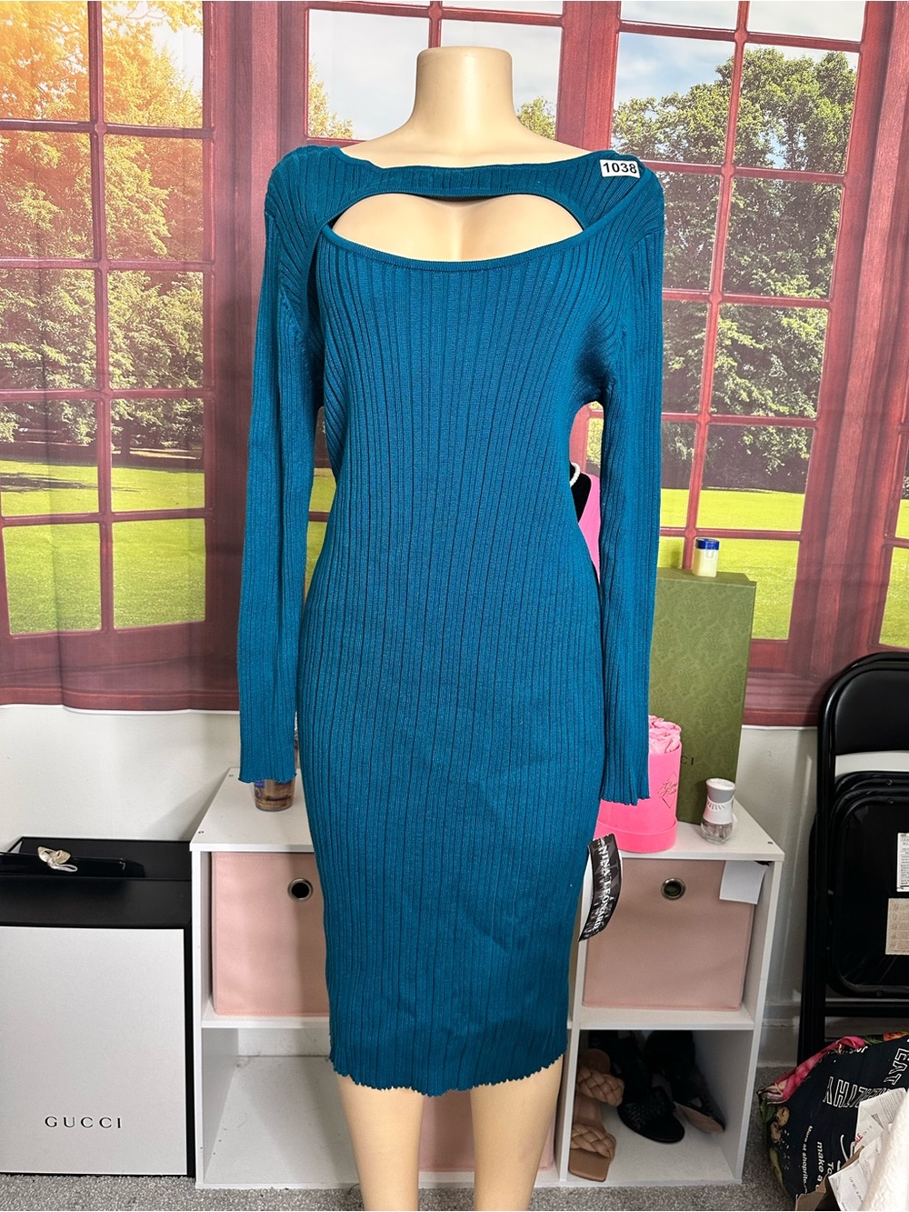 Nina Leonard Teal Ribbed Long Sleeve Cutout Sweater Dress